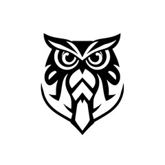 Black and white stylized owl illustration, focused on the owl's face, and is in a minimalistic, tribal-like style on a white background.