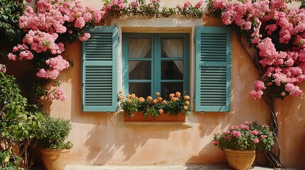 Pastel window with teal shutters, hydrangeas, and flowers