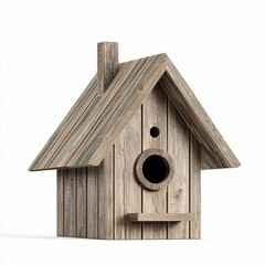 3D rendered icon of classic pitched-roof birdhouse with small perch and entrance hole