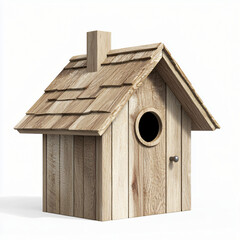 cottage-style birdhouse with tiny windows and detailed shingle roof, isolated on white