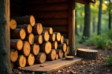 Beech trunks on pile of firewood in rustic cabin, forest, cozy