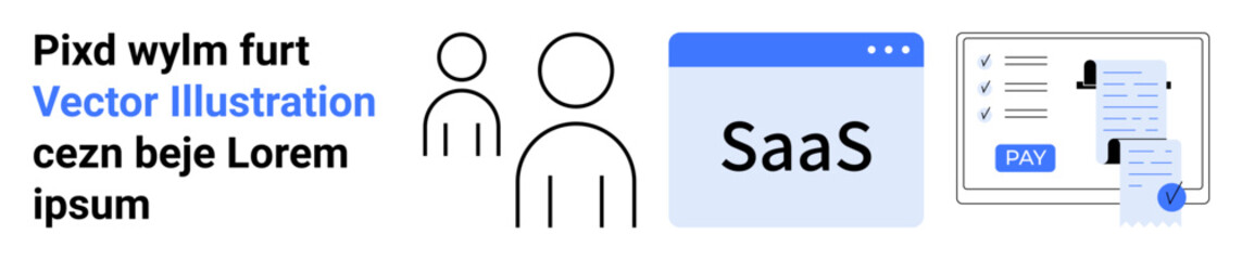 People icons for teamwork, SaaS browser window, payment form with checkboxes and pay button. Ideal for business, tech, software solutions, collaboration, online payments, user experience digital