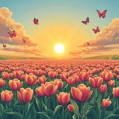 Fototapeta premium Sun rising over tulip field with butterflies at spring equinox. Generative ai ilustration