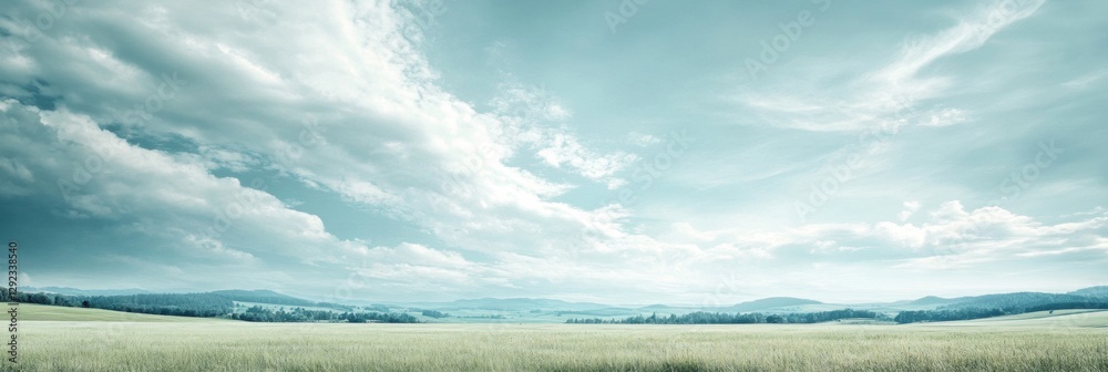 Poster expansive green landscape under cloudy skies at dawn with distant mountains and gentle rolling hills