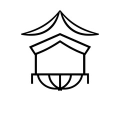Minimalist black line art of a pagoda-like structure set against white background.