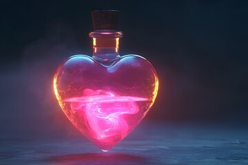 Glowing Heart Shaped Bottle with Pink Liquid Mystical Potion Fantasy Concept