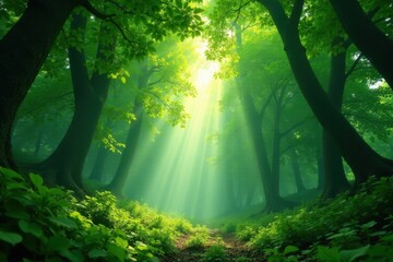 Obraz premium Deep emerald canopy, sunlight filtering through , sunlight, spring, lush