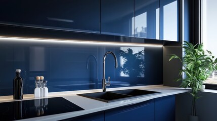 Modern blue kitchen sink, city view