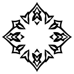 Diamond-shaped, symmetrical black and white floral design with intricate, stylized floral arrangements and a focus on repetitive patterns.