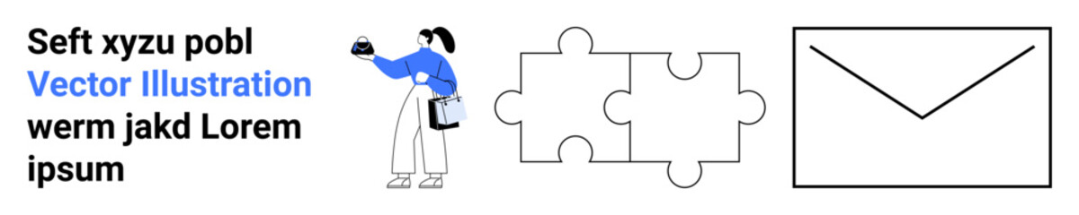 Woman holding a phone with clipboard puzzle pieces represent connection, innovation, and problem-solving envelope symbolizes messaging. Ideal for teamwork, communication, strategy, tasks, messaging