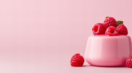 Pink raspberry dessert on a pink background. A delicious treat!