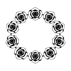 Black and white circular roses on a white background, creating a rose wreath, floral design with copy space.