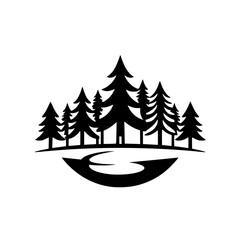 A stylized black-and-white silhouette of evergreen trees on a curved path.