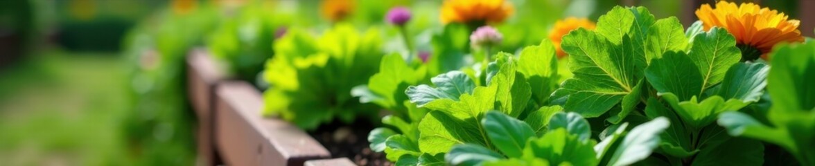 Close-up of lush raised beds; vibrant veggies & blooms thrive , vibrant, produce