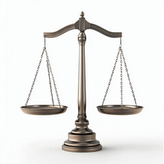 balanced justice scale with realistic metallic texture and subtle patina, isolated on white