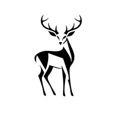 Black and white minimalist standing deer icon on a white background.