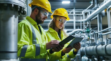 Industrial workers analyzing data in a manufacturing facility technology and industry environment professional viewpoint