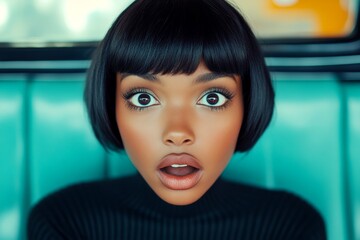 Stunning very shocked black girl - for ads, poster and social platforms promotion use. Short hairdo - straight hair. Commercial commercial creative design. Black girl modern concept.