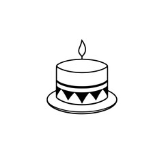 Simple black and white illustration of a circular cake with a single lit candle, on a white background.