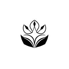 Minimalist logo of a flower with a stylized leaf-like design and black color.