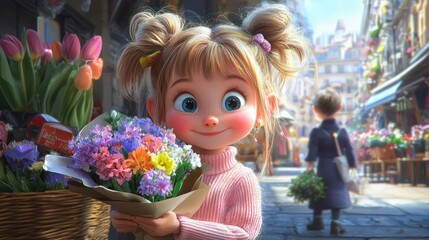 Cute girl with flowers in vibrant street market setting