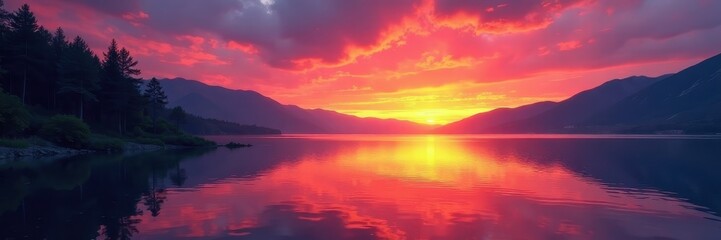 Fototapeta premium Fiery sunset paints lake with orange, pink hues, golden hour, clouds