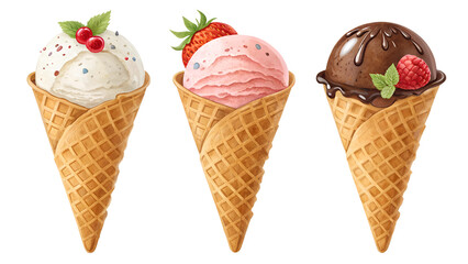 Various ice cream scoops in waffle cone isolated on transparent background for PNG