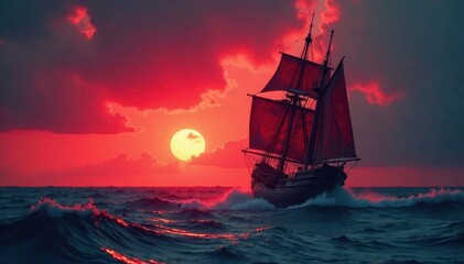 Fototapeta premium Wooden sailing vessel tossed by tempest, blood-red sunset , oceanic, horizon, travel