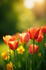 Fototapeta premium Vibrant tulips and daffodils in a sunlit garden , sunny, beauty
