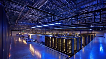 Server room, night, data center, illuminated.  Possible use Stock photo