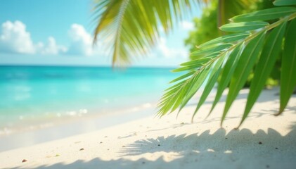 Fototapeta premium Crisp coconut leaf shadow on pristine beach, ocean bokeh, details, travel