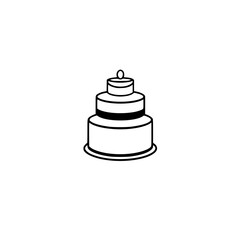 Simple three-tiered cake illustration on white, a minimalist, black and white outline, suitable for birthdays, celebrations, or any kind of food or baking related subject.