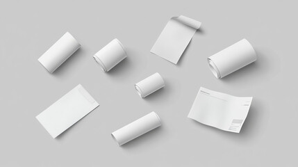 Realistic set of receipt paper templates isolated on grey background. Vector illustration of payment confirmation document mockup from shop, restaurant, bank. Rolled, side and front view of bill