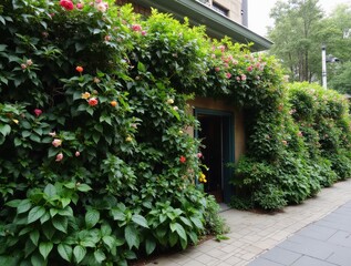 Lush green wall with colorful flowers covering a city building