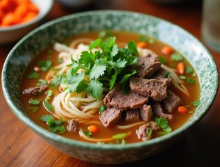 Vietnamese pho soup with aromatic broth, rice noodles, and thinly sliced beef