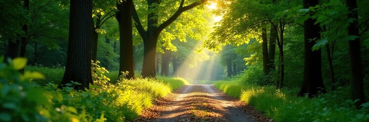Fototapeta premium Pathway amidst trees with scattered sunlight filtering through leaves, sunlight, foliage