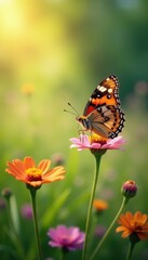 Obraz premium Painted lady butterfly amidst wildflowers, sunlit meadow , closeup, blossom