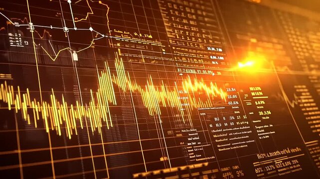 Abstract financial data visualization with graphs and charts in warm tones.