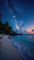 Starry night sky over a tropical beach, panoramic view , vacation, galaxy