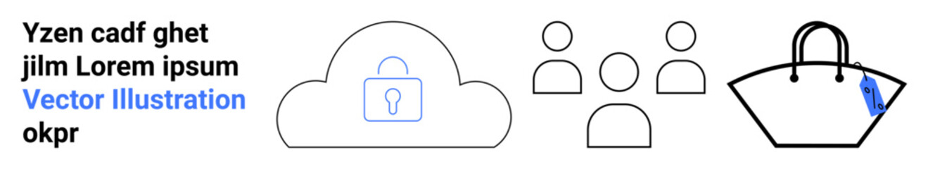 Cloud with lock icon, three user icons, and a shopping bag illustrate security, teamwork, and online shopping. Ideal for business, technology, e-commerce, collaboration privacy cybersecurity flat
