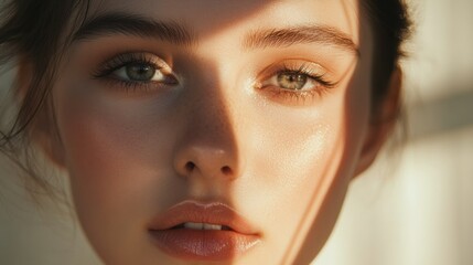 Close up portrait of a woman showcasing flawless skin with sunlight casting gentle shadows on her face. Generative AI