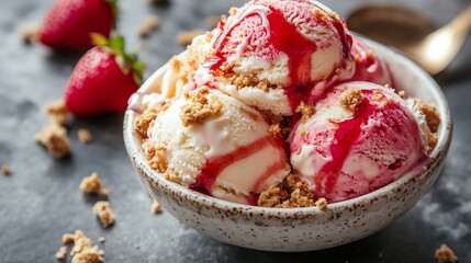 A delicious bowl of ice cream with strawberry sauce and crumbled toppings, garnished with fresh strawberries.