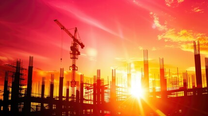 Fototapeta premium Construction Site Silhouette at Sunset