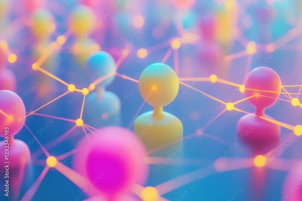 Poster Colorful 3D avatars connected by glowing network lines showcase digital interactions and social media concepts in virtual space. Generative AI