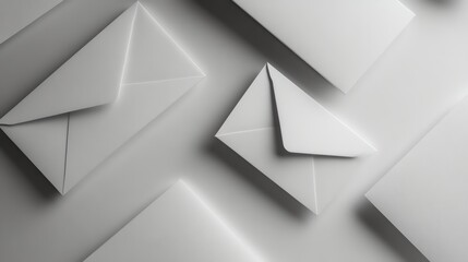 Fototapeta premium A collection of white envelopes arranged on a light background, showcasing different sizes and angles, creating a minimalist aesthetic.