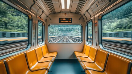 Empty subway car interior with mountain view.
