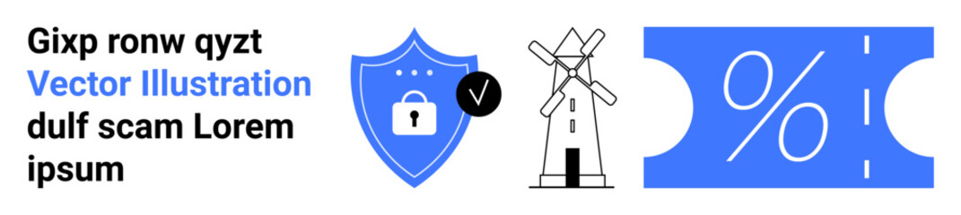 Shield with lock and checkmark, windmill, and ticket with a percentage sign. Ideal for security, discounts, eco-energy, promotions, online safety, digital marketing abstract line flat metaphor