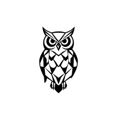 Geometric owl illustration, a black and white stylized illustration of a stylized owl, with sharp angles and geometric shapes.