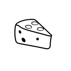 Cheese wedge illustration: black outline, white background, food, cheese holes, triangle slice.