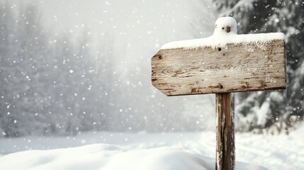 Naklejka premium A rustic wooden sign post stands in a snowy landscape, surrounded by falling snowflakes, creating a serene winter scene.